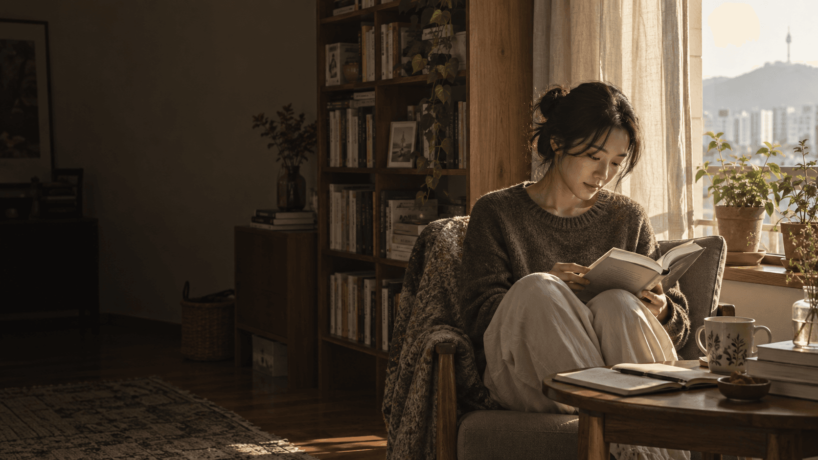 창가에서 책을 읽으며 기록하는 독자